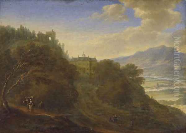 A Rhenish landscape with figures on a path, a mansion beyond Oil Painting by Johannes Vorstermans