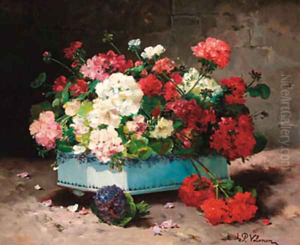 Geraniums in a ceramic container Oil Painting by Lonie Valmon