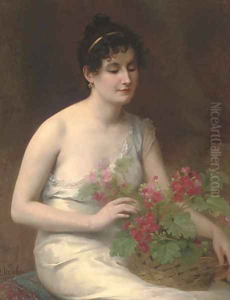 A young beauty tending to summer blooms Oil Painting by Marius Vasselon