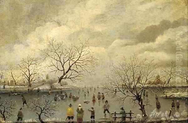 Figures skating in a winter landscape Oil Painting by Antoni Verstralen (van Stralen)