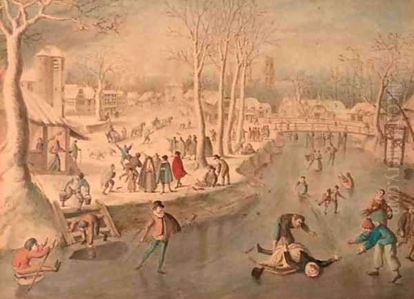 Scaters and other figures on frozen water, a village in the distance Oil Painting by Antoni Verstralen (van Stralen)