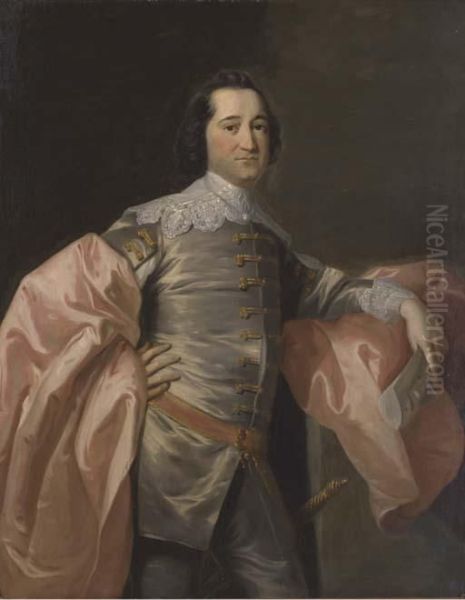 Portrait Of Gentleman, Three-quarter-length, In A Grey Jacket Andpink Wrap Oil Painting by Allan Ramsay