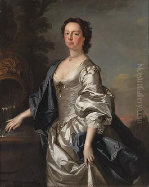 Portrait Of A Lady, Probably 
Elizabeth Morice, Mrs Humphry Hale,three-quarter-length, In An 
Oyster-satin Dress And A Blue Cloak,beside A Fountain, In A Landscape Oil Painting by Allan Ramsay