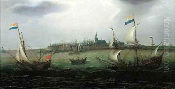 Shipping on the Schelde with Vlissingen in the distance Oil Painting by Hendrick Cornelisz. Vroom