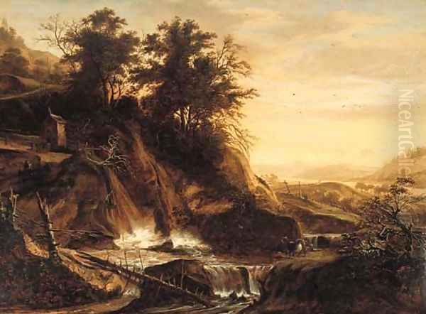 Fallen trees by a waterfall in a mountainous landscape Oil Painting by Jacob De Villeers