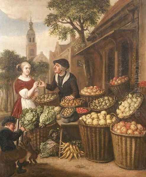 An elegant woman by a fruit and vegetable stall in a town square Oil Painting by Jan Victors