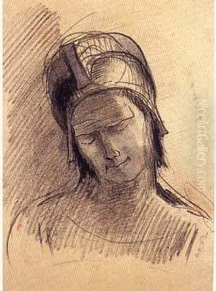 Tete De Personnage Casque Penche Vers La Droite, Les Yeux
 Clos Oil Painting by Odilon Redon