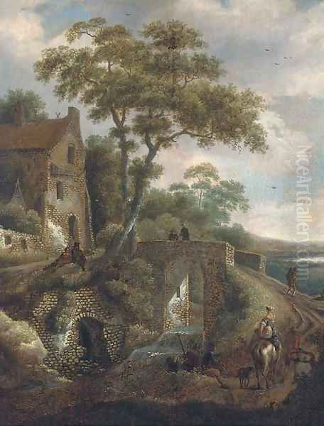 A wooded river landscape with travellers by a bridge Oil Painting by Michiel van Vries