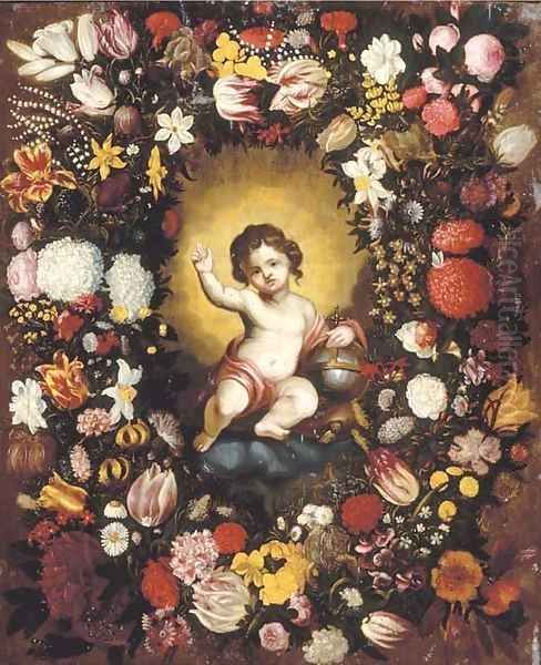 A garland of flowers surrounding an image of the Infant Christ Oil Painting by Nicolaas Van Veerendael