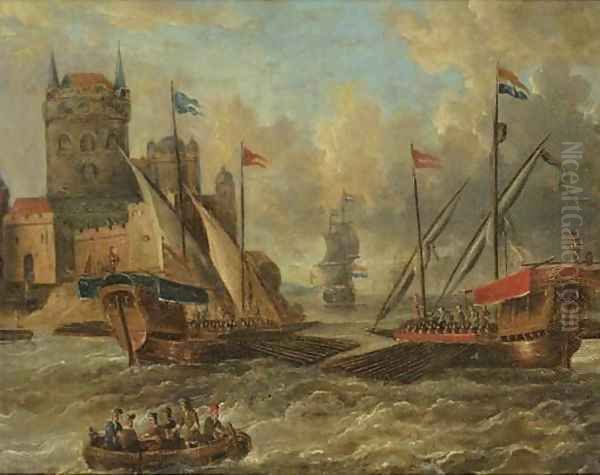 Two galleons and other shipping in choppy waters, by a city gate Oil Painting by Petrus van der Velden