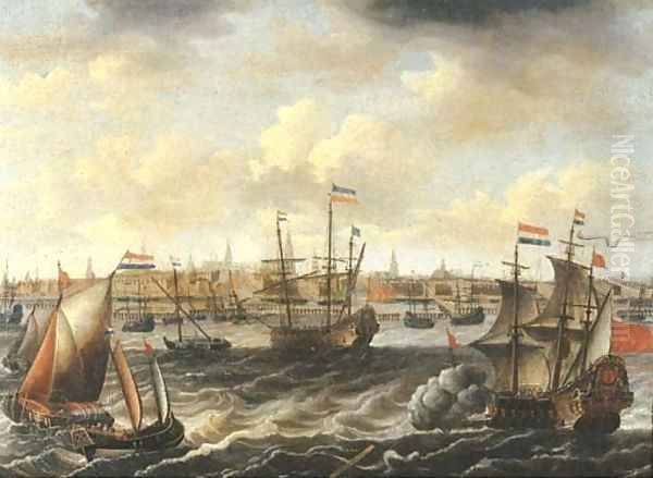 A view of Amsterdam with a Dutch frigate firing a salute, other men-o'-war, frigates and wijdschepen on the IJ nearby Oil Painting by Petrus van der Velden