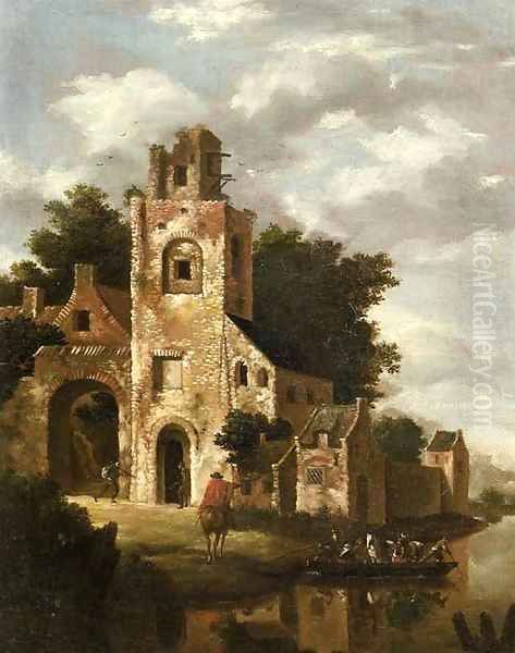 A ruined castle by a river, with a ferry setting out Oil Painting by Roelof Jansz. Van Vries