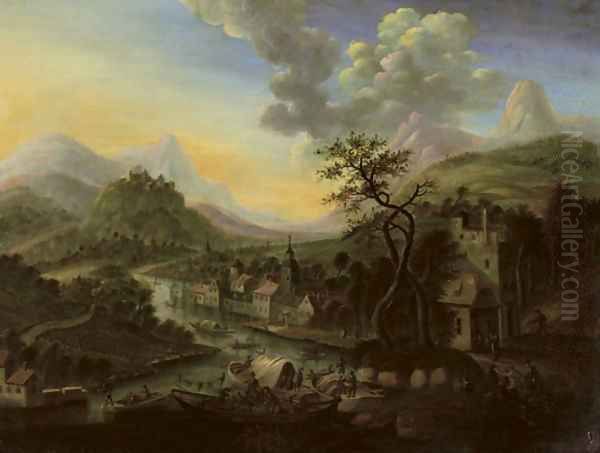 A Rhenish river landscape with a ferry and other boats, a town beyond Oil Painting by Cornelis Verdonck