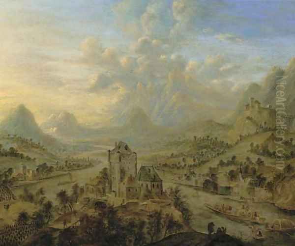 A landscape during the vendage, a castle in the foreground Oil Painting by Cornelis Verdonck