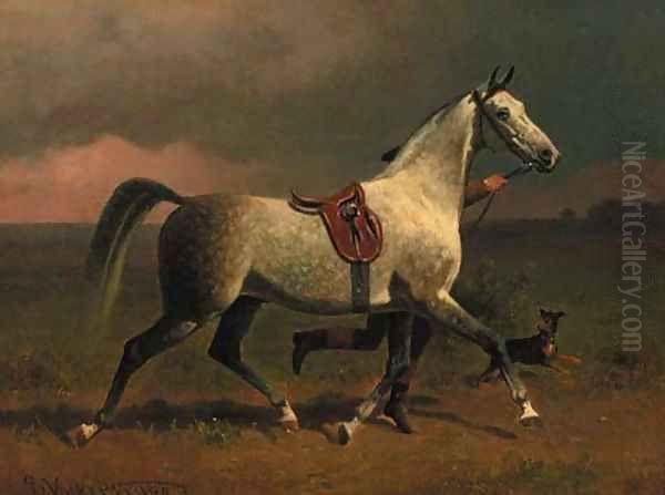 A dappled grey hunter trotting with a groom in a landscape Oil Painting by Emil Volkers