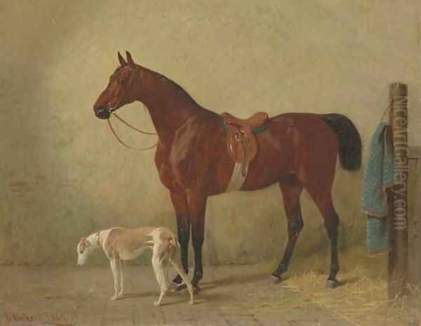 A Saddled Bay Hunter in a Stable with a Dog Oil Painting by Emil Volkers