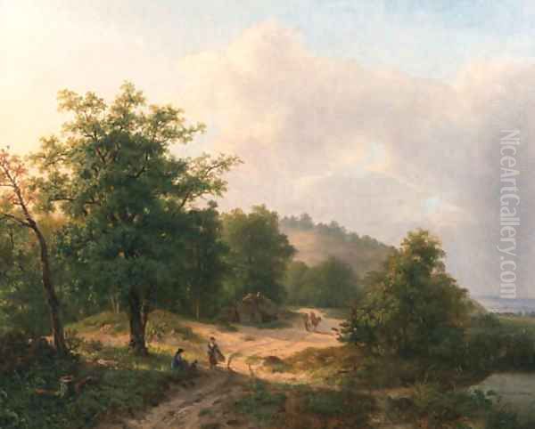 A mountainous wooded landscape with travellers conversing on a sandy track Oil Painting by Hendrik Verpoeken