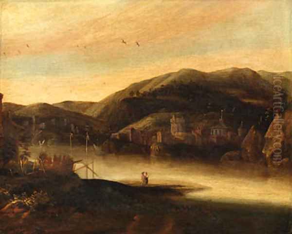 A river landscape with figures, a town and hills beyond Oil Painting by Jacob De Villeers