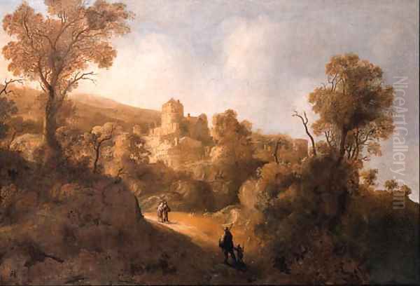 Travellers on a path in a mountainous landscape, a fortified town in the distance Oil Painting by Jacob De Villeers