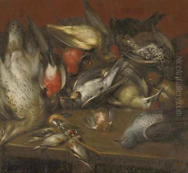 A hunting still life with a sparrow Oil Painting by Jan Hans Verhoeven