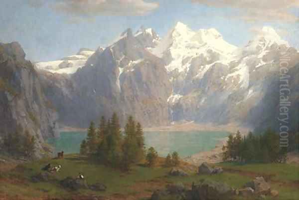 A herdsman grazing his cattle before a mountain lake Oil Painting by Johann Jakob Vollweider