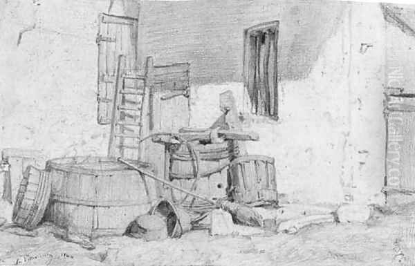 Barrels stacked in the angle of cottage wall Oil Painting by Leon Villevielle