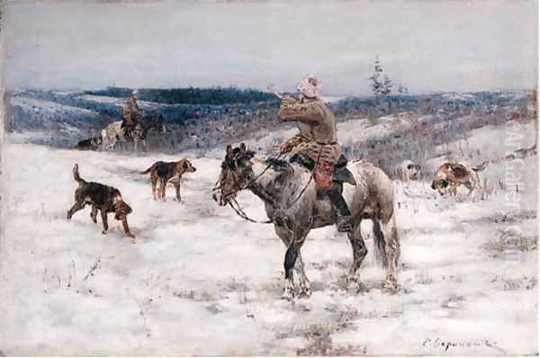 Huntsmen in Winter Oil Painting by Sergei Semenovich Voroshilov