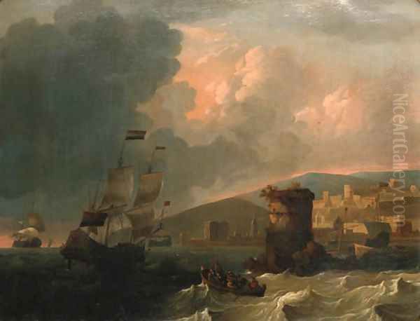 Dutch shipping off an Italianate harbour Oil Painting by Wigerus Vitringa