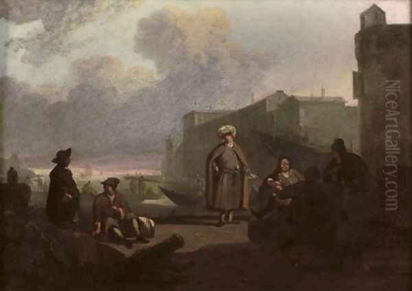 An Italianate harbour with merchants conversing on a quay Oil Painting by Wigerus Vitringa