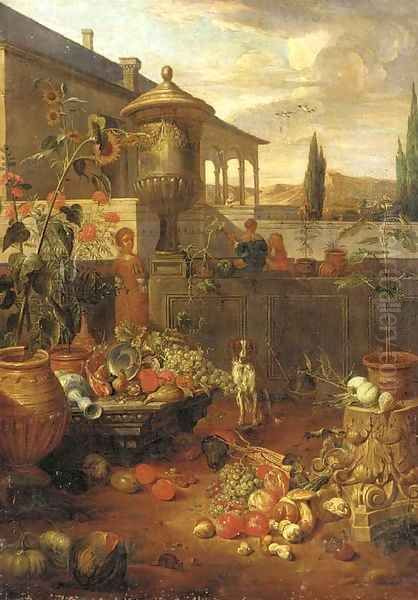 An Italianate villa and garden with figures Oil Painting by Dirk Valkenburg