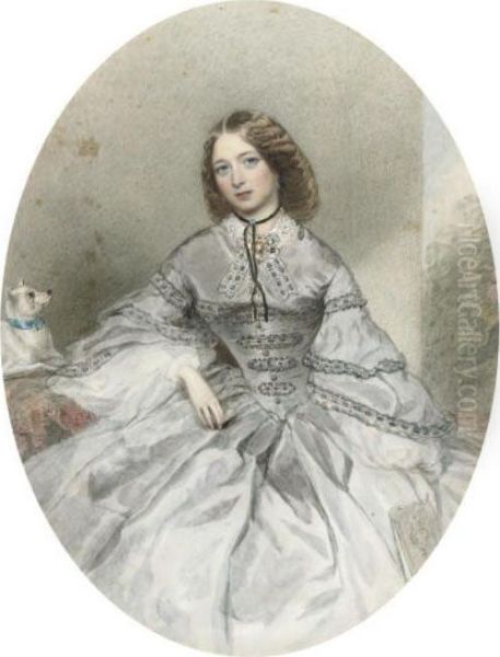 Portrait Of A Lady, 
Three-quarter-length, Seated, In Black Dress, Her Dog At Her Side 
(illustrated); And Portrait Of A Lady, Three-quarter-length, Seated, In 
White Dress, In An Interior Oil Painting by George Richmond