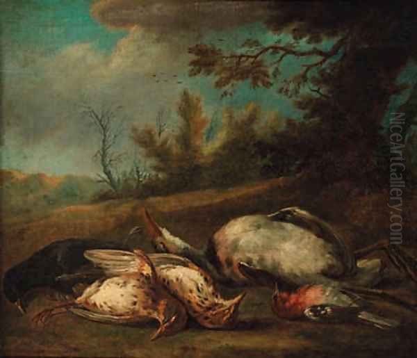 A dead blackbird, a chaffinch, thrushes and a heron in a landscape Oil Painting by Jan Vonck