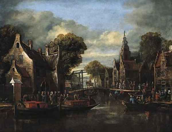 A village by a river with ferries by a bridge and peasants outside an inn Oil Painting by Rutger Verburgh