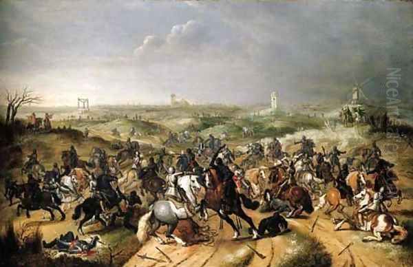 The Battle between Officers Breaute and Gerard Abrahamsz., called Lekkerbeetje, at Vught, 5 February 1600 Oil Painting by Sebastiaen Vrancx