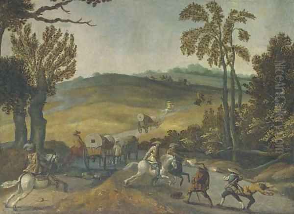 A wooded landscape with bandits ambushing travellers Oil Painting by Sebastian Vrancx