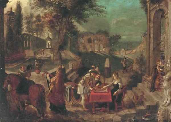 An extensive Italianate landscape of a country house garden with Roman ruins, backgammon players, an amorous couple and a lute player in the foregroun Oil Painting by Sebastian Vrancx