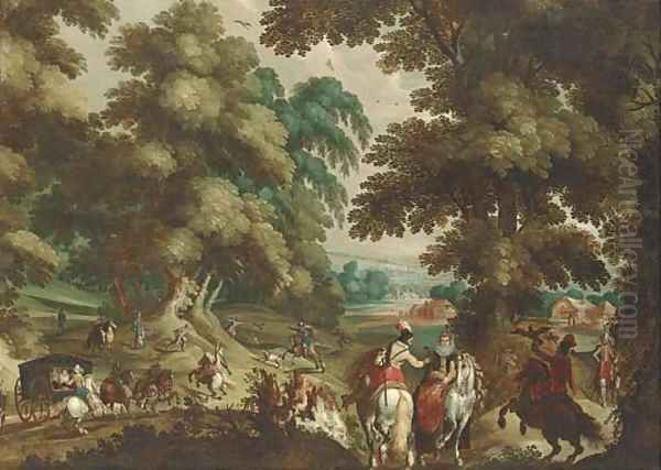 A wooded landscape with a hawking party and elegant company in a carriage Oil Painting by Sebastian Vrancx