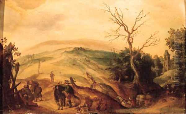 A traveller and pilgrims halting near a chapel on a country road, a church and a valley beyond Oil Painting by Sebastian Vrancx