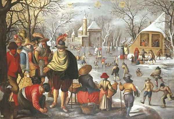 A winter landscape with elegant company preparing to go skating Oil Painting by Sebastian Vrancx