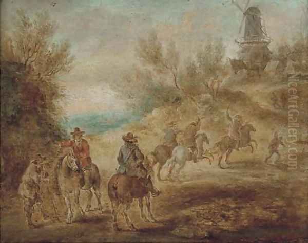 Cavalrymen making for a hilltop village with a mill Oil Painting by Sebastian Vrancx