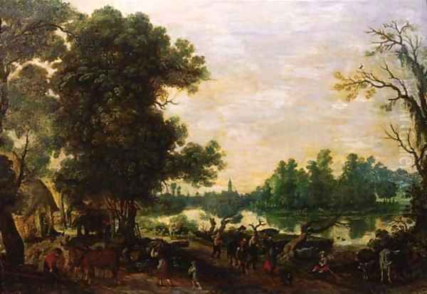 Peasants returning from market on a road by a river Oil Painting by Sebastian Vrancx