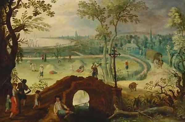 Summer an extensive landscape with harvesters, a view of Antwerp beyond Oil Painting by Sebastian Vrancx