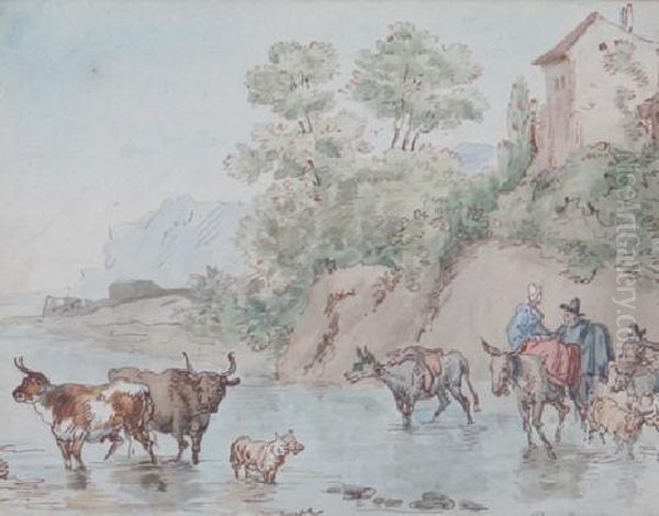 River Crossing With Cattle Oil Painting by Thomas Rowlandson