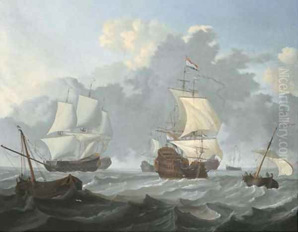 Dutch threemasters and other shipping in choppy waters Oil Painting by Wigerus Vitringa