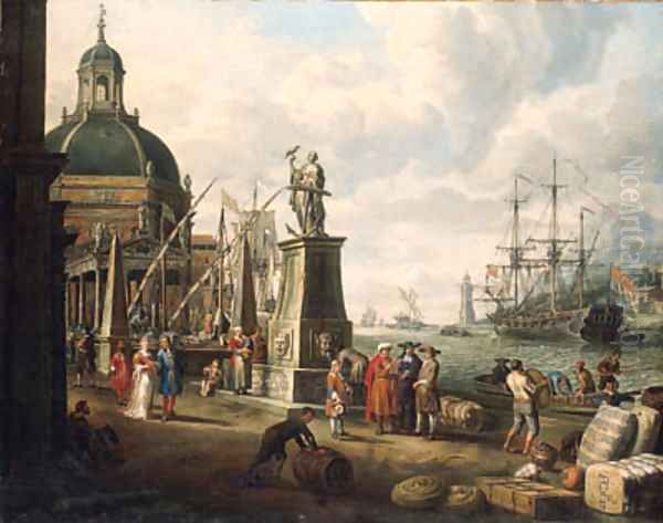 A capriccio of a Mediterranean harbour Oil Painting by Adriaen Verdoel