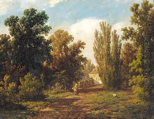 A figure on a sunlit path Oil Painting by Adrianus Jacobus Vrolyk