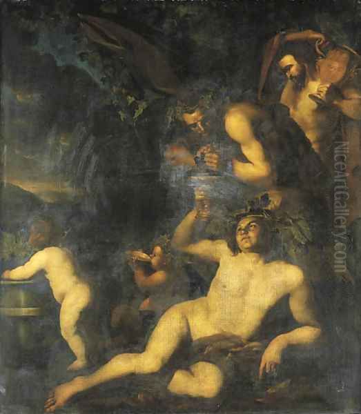 Bacchus drinking in the company of two satyrs and two putti Oil Painting by Dirck Van Voorst