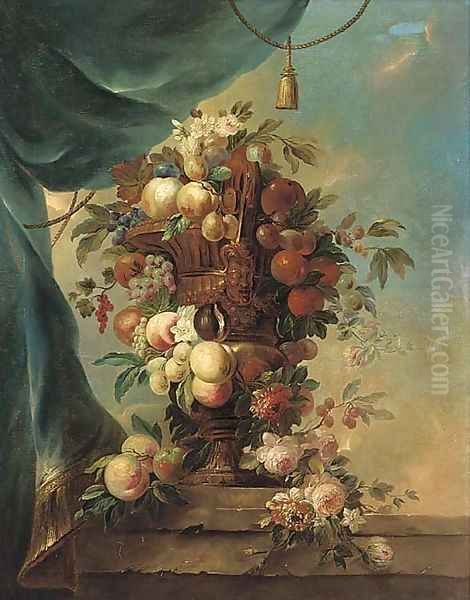 Peaches, plums, grapes, cherries and roses in a gilt urn on a ledge Oil Painting by Anne Vallayer-Coster