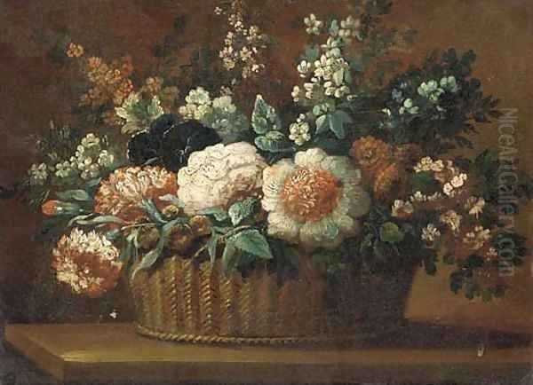 Carnations, roses and other flowers in a basket on a ledge 2 Oil Painting by Anne Vallayer-Coster