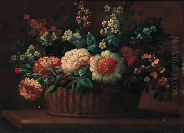 Carnations, roses and other flowers in a basket on a ledge Oil Painting by Anne Vallayer-Coster